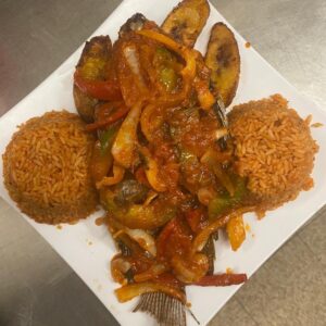 Jollof Rice with Stewed Tilapia and Plantains
