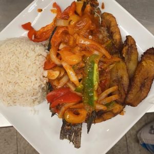 White rice, Stewed Tilapia and Plantains