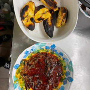 Roasted Plantains (With palm oil, Ukpaka/Ugba, Ogiri and Pepper)