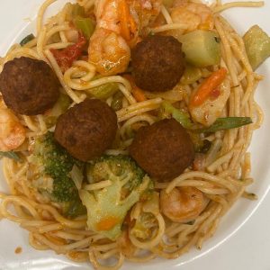 Jollof Spaghetti With Shrimp And Meatballs