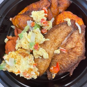 Fried Plantains/Sweet Potatoes/Omelette Egg And Tilapia Fillet With Orange Juice